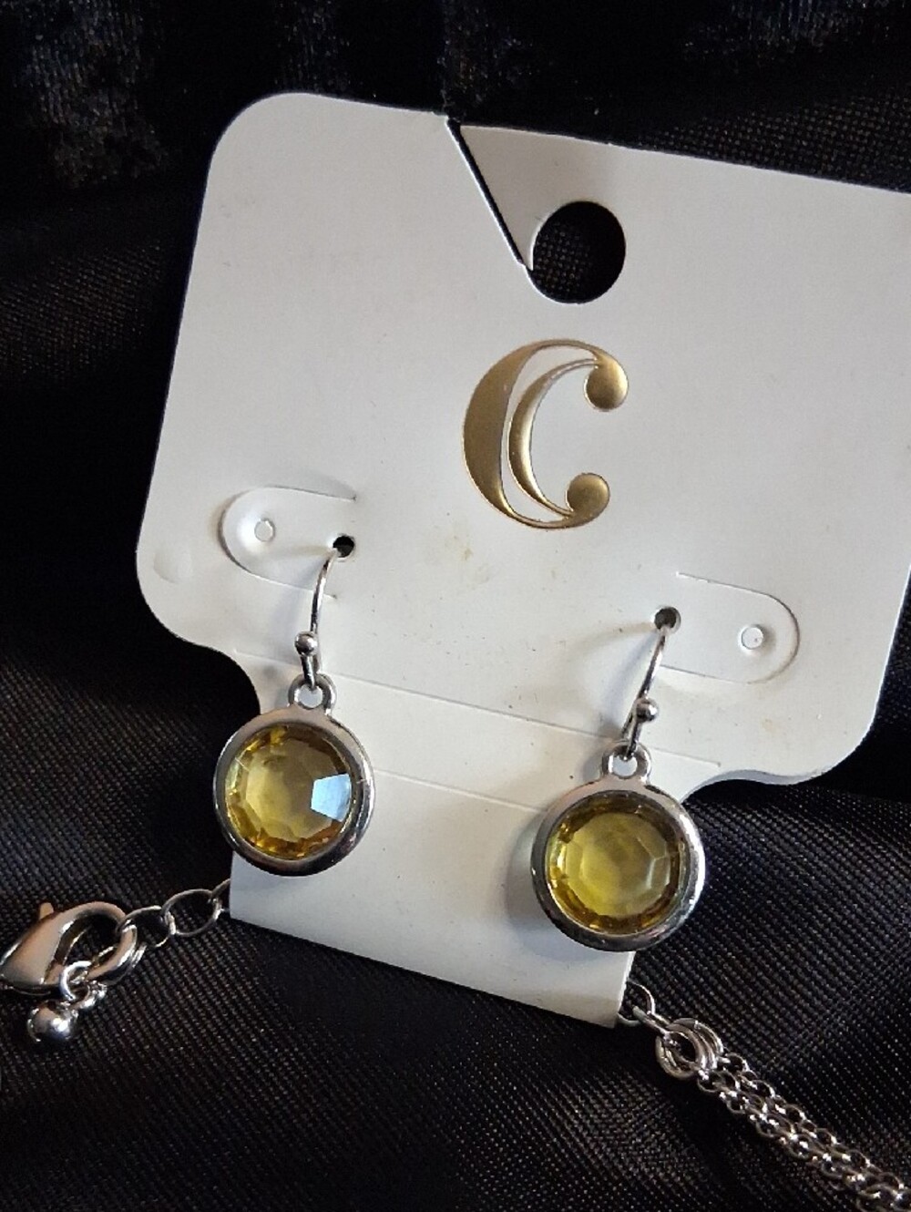 Charming Charlie Silver Layered Necklace & Earring Set with Olive Green Stones - Picture 2 of 8